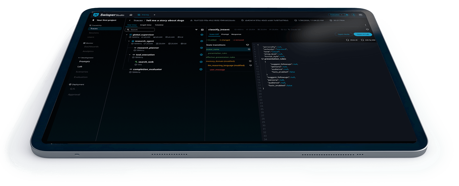 Swisper Studio dashboard showing agent tracing and configuration